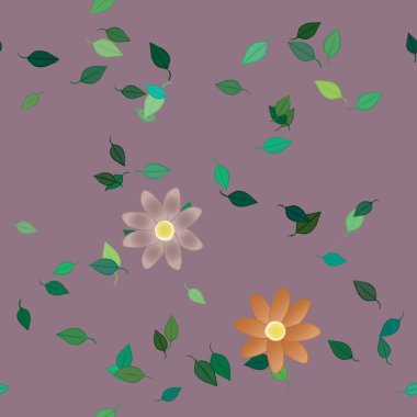 Serbest kompozisyonda yeşil yapraklı basit çiçekler, vektör illüstrasyonu