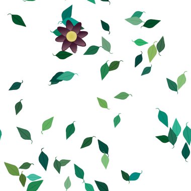 basit renkli çiçekleri olan serbest kompozisyon ve duvar kağıdı için yeşil yapraklar, vektör illüstrasyonu