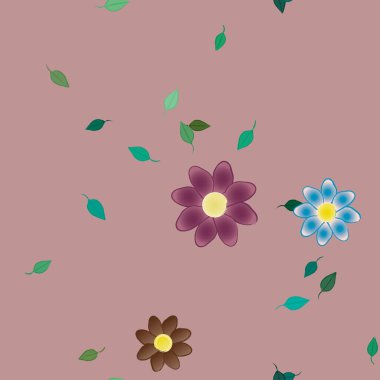 Serbest kompozisyonda yeşil yapraklı basit çiçekler, vektör illüstrasyonu