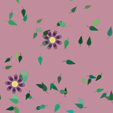 Serbest kompozisyonda yeşil yapraklı basit çiçekler, vektör illüstrasyonu