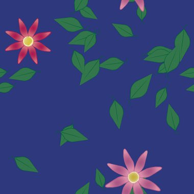 Serbest kompozisyonda yeşil yapraklı basit çiçekler, vektör illüstrasyonu