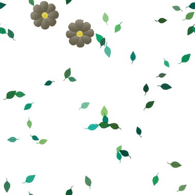 Serbest kompozisyonda yeşil yapraklı basit çiçekler, vektör illüstrasyonu