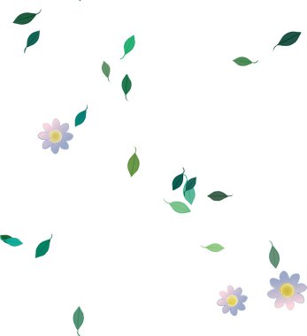 Serbest kompozisyonda yeşil yapraklı basit çiçekler, vektör illüstrasyonu