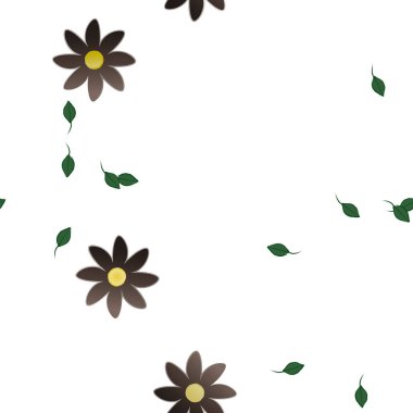 basit renkli çiçekleri olan serbest kompozisyon ve duvar kağıdı için yeşil yapraklar, vektör illüstrasyonu