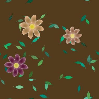 Serbest kompozisyonda yeşil yapraklı basit çiçekler, vektör illüstrasyonu