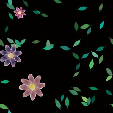 Serbest kompozisyonda yeşil yapraklı basit çiçekler, vektör illüstrasyonu