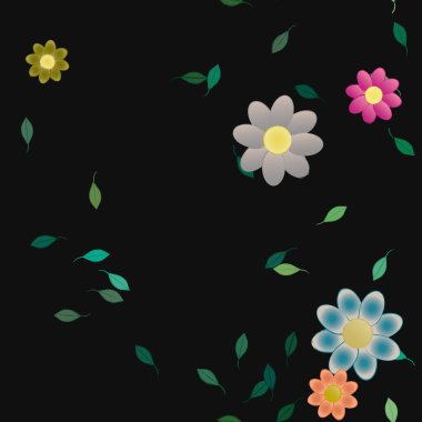 basit renkli çiçekler ve duvar kağıdı yaprakları ile serbest kompozisyon, vektör illüstrasyonu