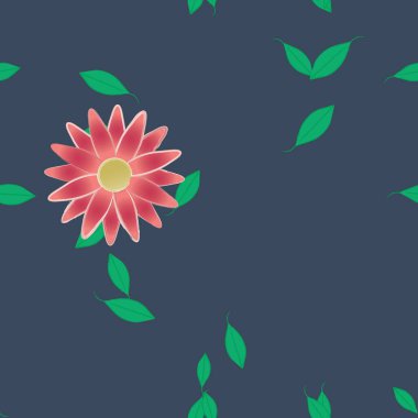 basit renkli çiçekleri olan serbest kompozisyon ve duvar kağıdı için yeşil yapraklar, vektör illüstrasyonu