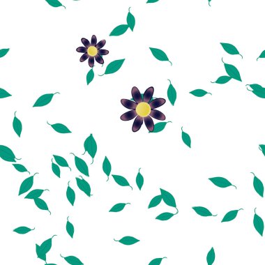 basit renkli çiçekleri olan serbest kompozisyon ve duvar kağıdı için yeşil yapraklar, vektör illüstrasyonu