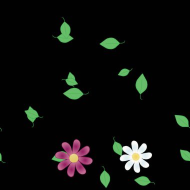 Serbest kompozisyonda yeşil yapraklı basit çiçekler, vektör illüstrasyonu