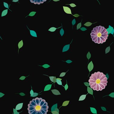 Serbest kompozisyonda yeşil yapraklı basit çiçekler, vektör illüstrasyonu