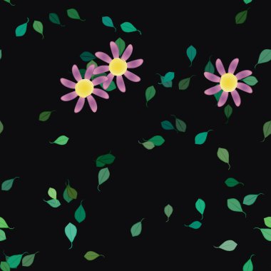 Serbest kompozisyonda yeşil yapraklı basit çiçekler, vektör illüstrasyonu