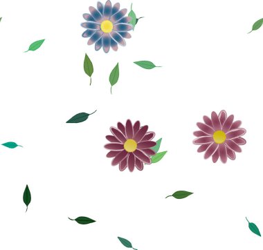 Serbest kompozisyonda yeşil yapraklı basit çiçekler, vektör illüstrasyonu