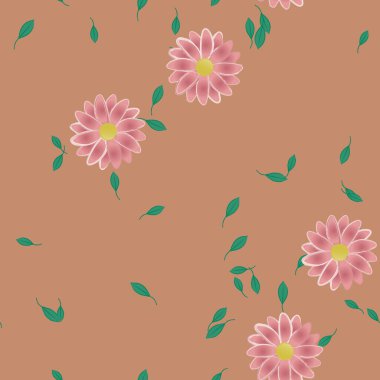 Serbest kompozisyonda yeşil yapraklı basit çiçekler, vektör illüstrasyonu