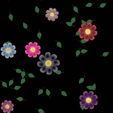 basit renkli çiçekleri olan serbest kompozisyon ve duvar kağıdı için yeşil yapraklar, vektör illüstrasyonu