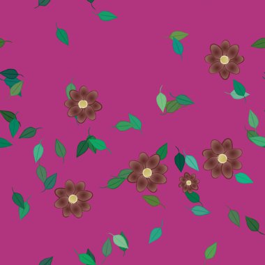 Serbest kompozisyonda yeşil yapraklı basit çiçekler, vektör illüstrasyonu