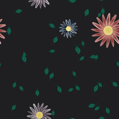 Serbest kompozisyonda yeşil yapraklı basit çiçekler, vektör illüstrasyonu