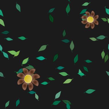 Serbest kompozisyonda yeşil yapraklı basit çiçekler, vektör illüstrasyonu