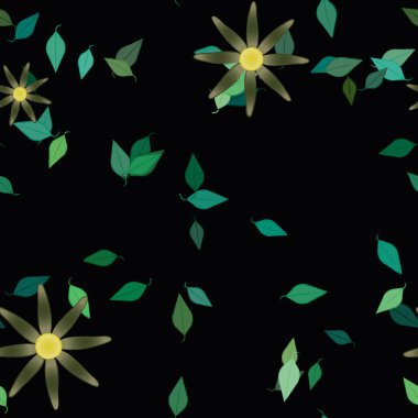 Serbest kompozisyonda yeşil yapraklı basit çiçekler, vektör illüstrasyonu