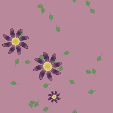 Serbest kompozisyonda yeşil yapraklı basit çiçekler, vektör illüstrasyonu