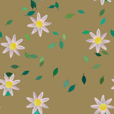 Serbest kompozisyonda yeşil yapraklı basit çiçekler, vektör illüstrasyonu