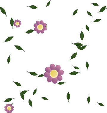 Serbest kompozisyonda yeşil yapraklı basit çiçekler, vektör illüstrasyonu