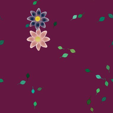 Serbest kompozisyonda yeşil yapraklı basit çiçekler, vektör illüstrasyonu