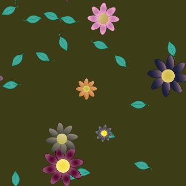 Serbest kompozisyonda yeşil yapraklı basit çiçekler, vektör illüstrasyonu