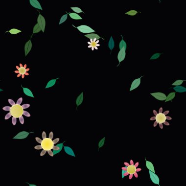 basit renkli çiçekler ve duvar kağıdı yaprakları ile serbest kompozisyon, vektör illüstrasyonu