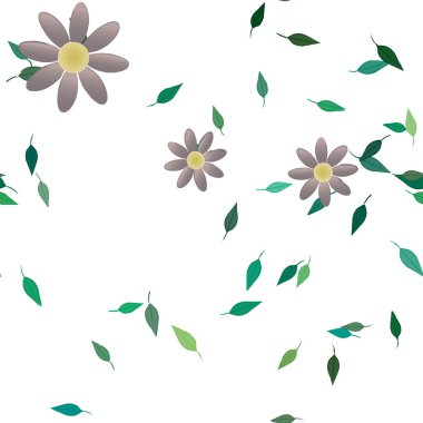 Serbest kompozisyonda yeşil yapraklı basit çiçekler, vektör illüstrasyonu