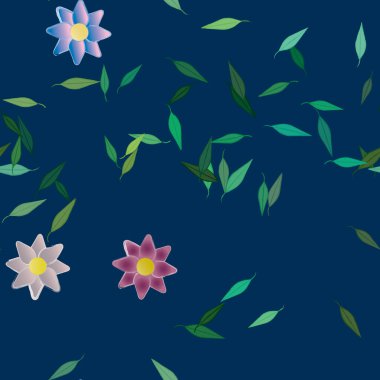 Serbest kompozisyonda yeşil yapraklı basit çiçekler, vektör illüstrasyonu