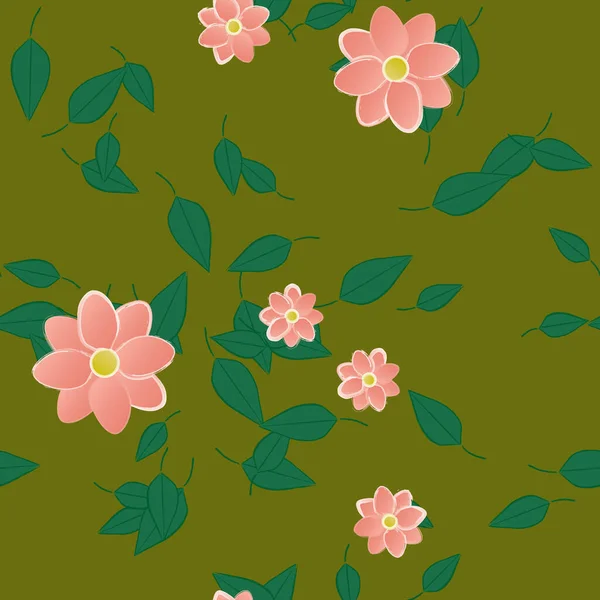 Flores Simples Con Hojas Verdes Composición Libre Ilustración Vectorial — Vector de stock