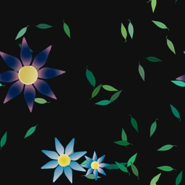 Serbest kompozisyonda yeşil yapraklı basit çiçekler, vektör illüstrasyonu