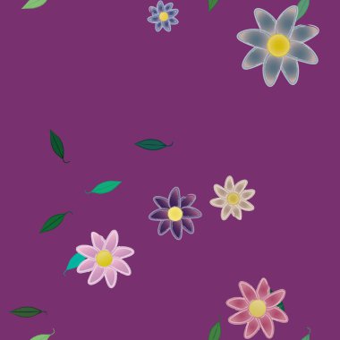 Serbest kompozisyonda yeşil yapraklı basit çiçekler, vektör illüstrasyonu