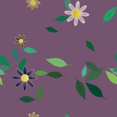 Serbest kompozisyonda yeşil yapraklı basit çiçekler, vektör illüstrasyonu