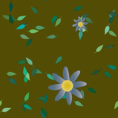 Serbest kompozisyonda yeşil yapraklı basit çiçekler, vektör illüstrasyonu