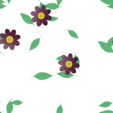 Serbest kompozisyonda yeşil yapraklı basit çiçekler, vektör illüstrasyonu