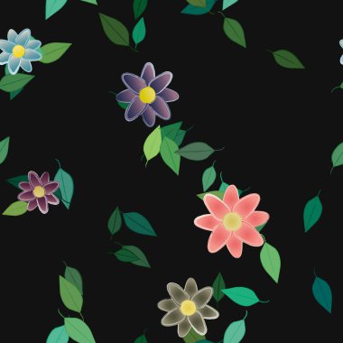 Serbest kompozisyonda yeşil yapraklı basit çiçekler, vektör illüstrasyonu