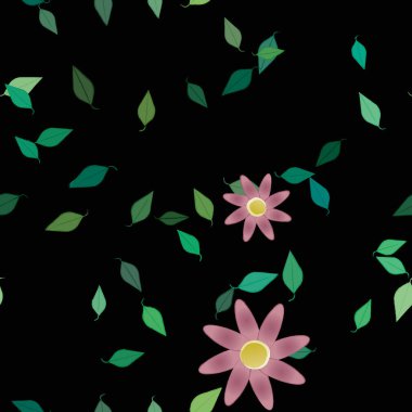 Serbest kompozisyonda yeşil yapraklı basit çiçekler, vektör illüstrasyonu