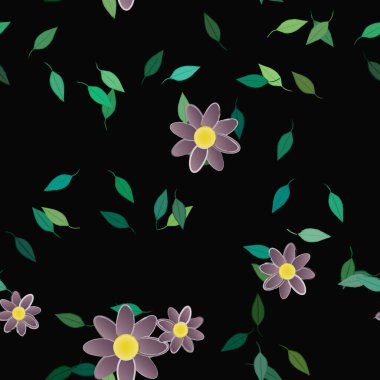 Serbest kompozisyonda yeşil yapraklı basit çiçekler, vektör illüstrasyonu