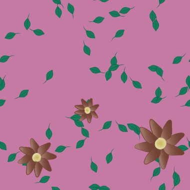 Serbest kompozisyonda yeşil yapraklı basit çiçekler, vektör illüstrasyonu