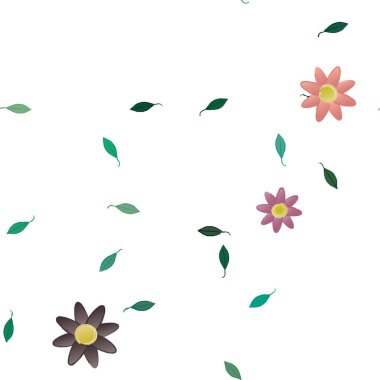 Serbest kompozisyonda yeşil yapraklı basit çiçekler, vektör illüstrasyonu