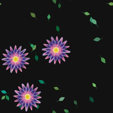 Serbest kompozisyonda yeşil yapraklı basit çiçekler, vektör illüstrasyonu