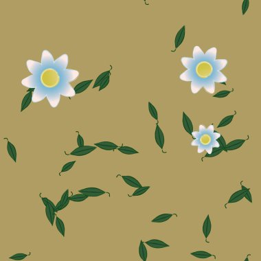 Serbest kompozisyonda yeşil yapraklı basit çiçekler, vektör illüstrasyonu