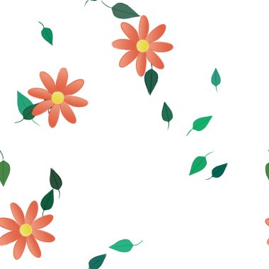 Serbest kompozisyonda yeşil yapraklı basit çiçekler, vektör illüstrasyonu