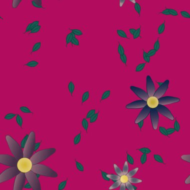 Serbest kompozisyonda yeşil yapraklı basit çiçekler, vektör illüstrasyonu