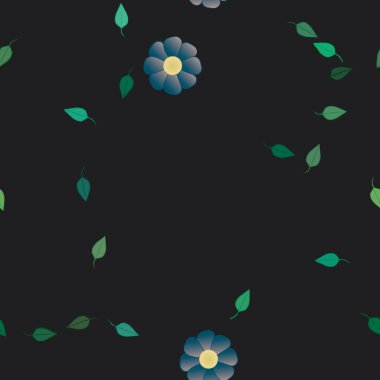 Serbest kompozisyonda yeşil yapraklı basit çiçekler, vektör illüstrasyonu