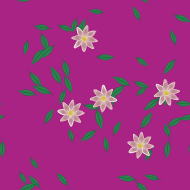 Serbest kompozisyonda yeşil yapraklı basit çiçekler, vektör illüstrasyonu