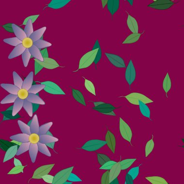 Serbest kompozisyonda yeşil yapraklı basit çiçekler, vektör illüstrasyonu