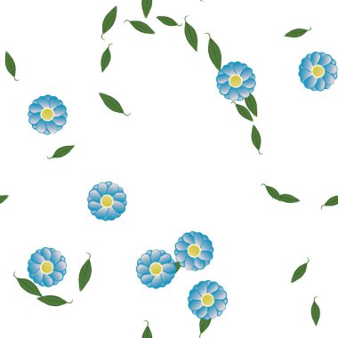 Serbest kompozisyonda yeşil yapraklı basit çiçekler, vektör illüstrasyonu